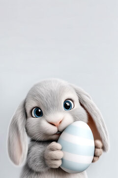 Cute Lop-eared Easter bunny with a easter egg on a vertical light background with copy space. Cartoon lop-eared beige Easter bunny. Easter card with rabbit on blue background with space for text.