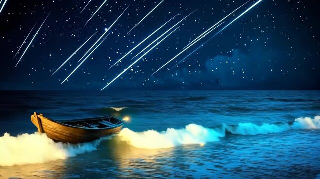 Small boat floating on ocean under bright shooting stars at night