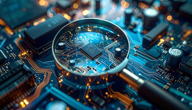 A close-up macro image of a green printed circuit board shows the digital processing chip and various electronic hardware components