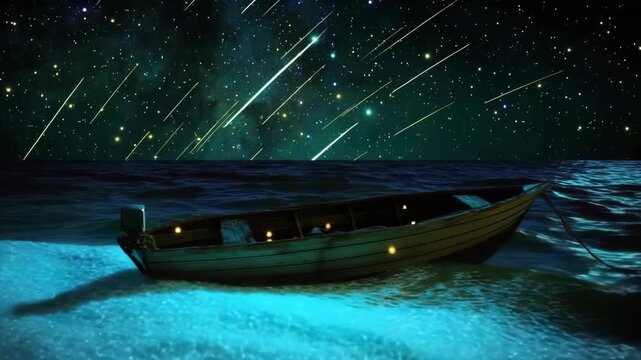 Small boat floating on ocean under bright shooting stars at night