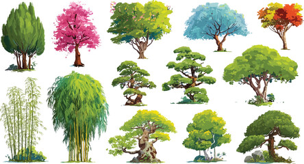 Collection of diverse stylized trees including bamboo willow cherry blossom and autumn foliage on white background © Pixel Park