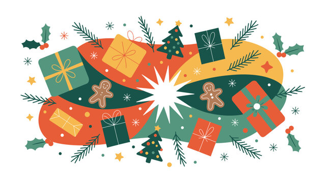 A festive holiday ribbon garland with gifts and gingerbread men.