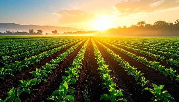 A beautiful rural landscape surrounded by spring crops in the fields