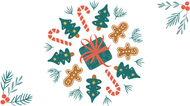 A festive holiday arrangement with gift and sweets on white background.