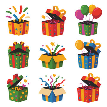 A collection of colorful gift boxes with various celebratory elements