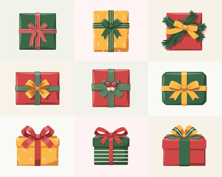 A grid of nine gift boxes with various colorful wrapping and bows.