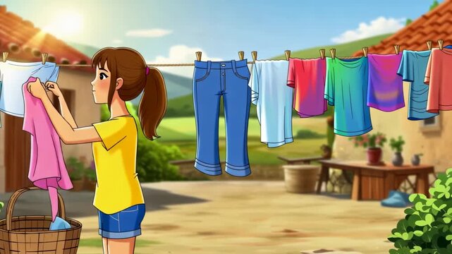 Cartoon woman hanging laundry clothesline sunny day rural scene animated housekeeping housework chore bright colors