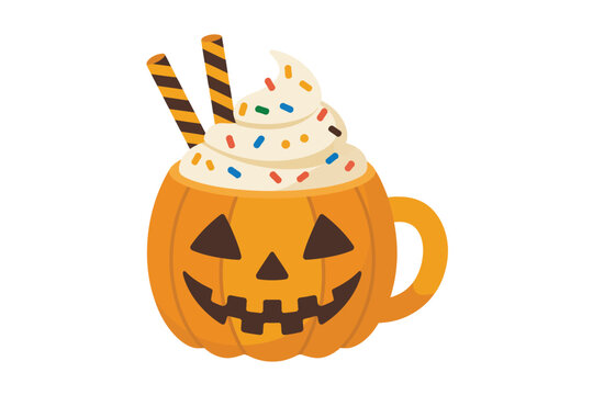 A pumpkin mug with a jack-o-lantern face and whipped cream on a white background.