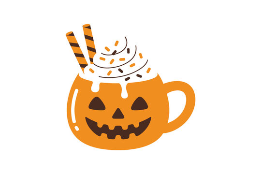 A festive orange mug with a jack-o-lantern face and whipped cream on top.