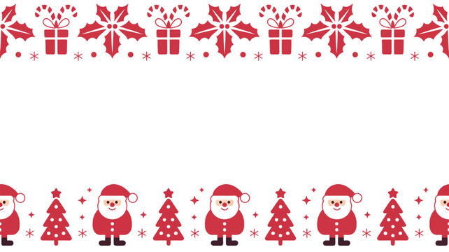 A festive christmas border with cartoon characters and decorations on a white background.