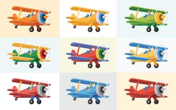 A colorful grid of nine vintage-style biplanes in different hues.