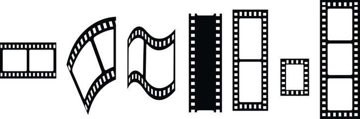Obraz premium Set of Black Film Strip Silhouettes and Movie Tape Frames in Various Curved and Straight Shapes for Cinema Production Video Editing and Retro Photography Design