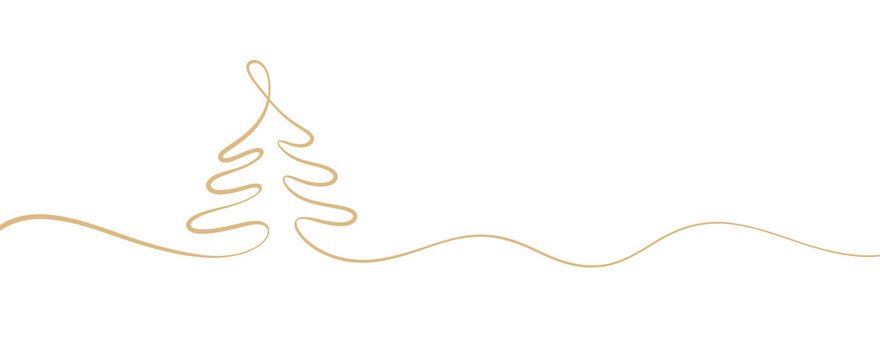 A minimalist christmas tree illustration on a white background with a simple gold line design.