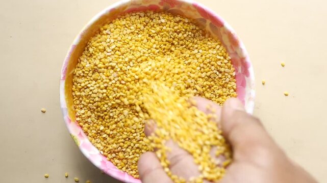 A close up view of person picking moong dal from a bowl and spilling it in slow motion, showing detail and texture