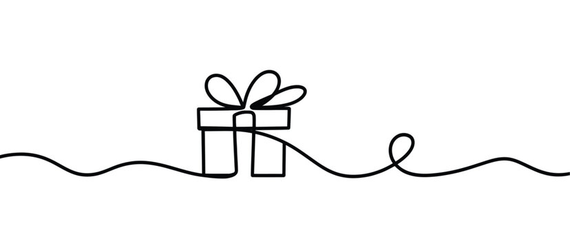 A simple line drawing of a gift box with a ribbon and bow on a white background.