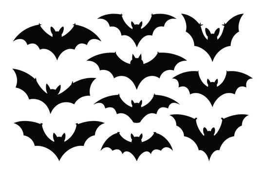 A collection of black bat silhouettes on a white background.