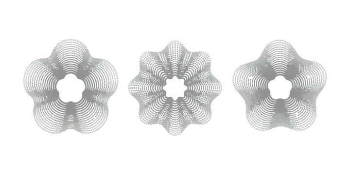 Set of three abstract gray guilloche decorative elements with intricate line patterns for certificate and security design vector illustration