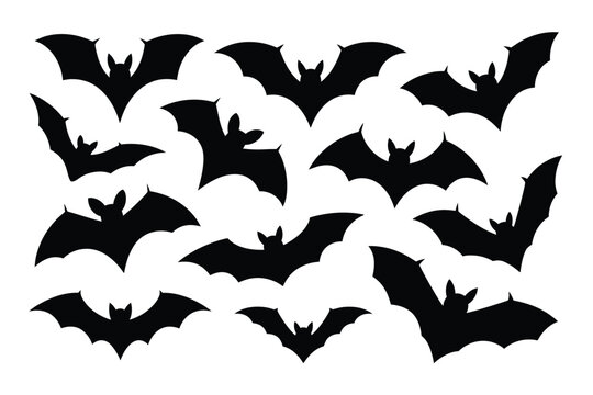 A group of black bats flying together in a chaotic pattern against a white background.