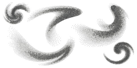 Set of abstract black grainy stipple texture swirly shapes and spiral elements isolated on white background vector illustration © ZenVectors