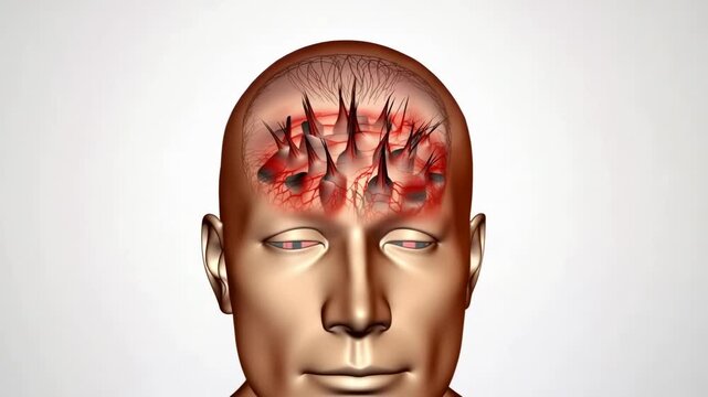 3d rendered human head visualization of brain impalement trauma representing headaches mental anguish and medical conditions