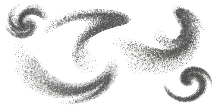 Set of abstract black grainy stipple texture swirly shapes and spiral elements isolated on white background vector illustration