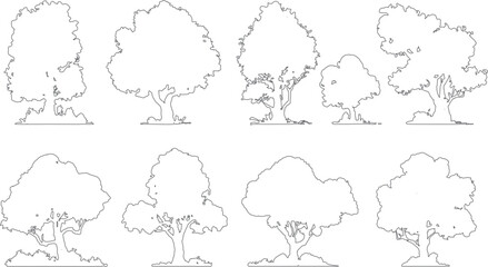 Eight outline of deciduous trees with varied shapes and sizes standing on a ground line nature plant © Pixel Park