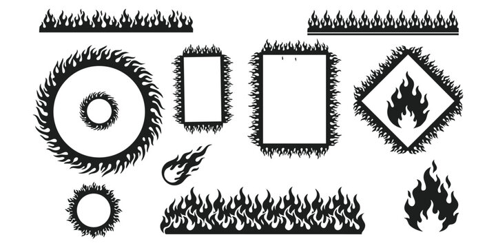 Collection of black fire flame silhouette frames borders and icons set for racing hot rod or danger themes vector illustration
