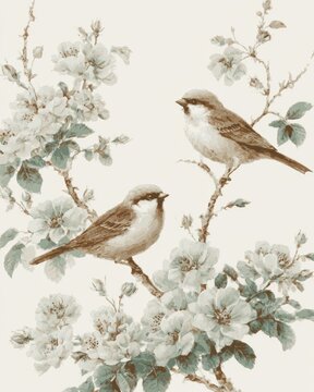 Elegant Chinoiserie style illustration of two sparrows on flowering branches. Vintage botanical art with a muted color palette for wallpaper or fabric design.