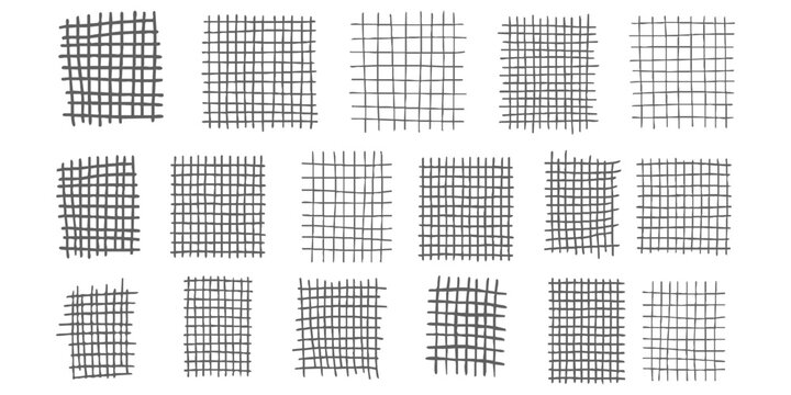 Set of hand drawn grunge grid textures and hatch patterns for artistic design projects vector illustration isolated on white