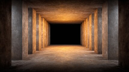 Obraz premium Gritty concrete corridor with rows of pillars and warm glowing orange light, moody industrial depth and shadow contrast, soft brutalism interior mood and cinematic urban architecture