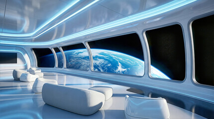 Obraz premium Futuristic spacecraft interior with large windows overlooking Earth. Luxury space travel concept with curved white panels and soft blue glow