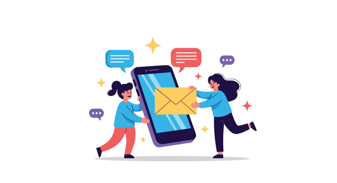 Two happy children hold a large yellow envelope in front of a giant smartphone to represent digital messaging and communication.