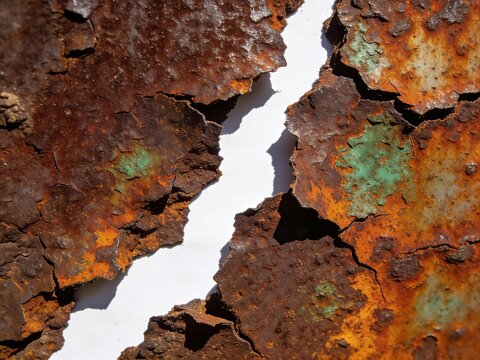 Rusty metal texture with peeling corrosion and cracked surface, grunge oxidized iron background with rust flakes and weathered industrial decay pattern