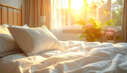 Cozy bedroom with sunlit bed and flowers.