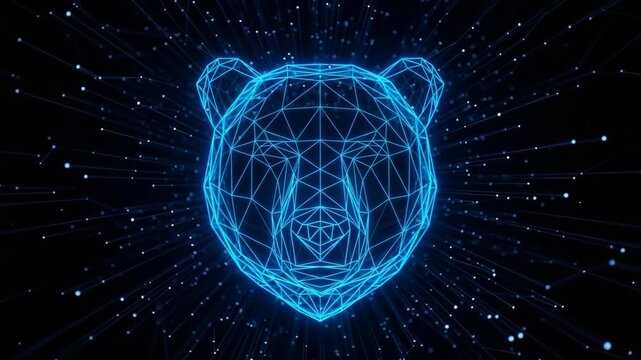 3d Polygonal Bears Head Emerges In Dark Space Illuminated By Bright Blue Lines Dots Creating Technological Data-driven Visualization For Tech-related Backgrounds