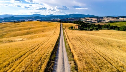 Obraz premium Aerial view of a long road through golden wheat fields