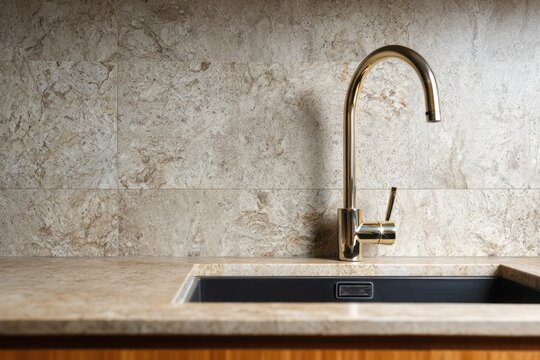 Modern gold faucet over a kitchen counter and stone tile backsplash.