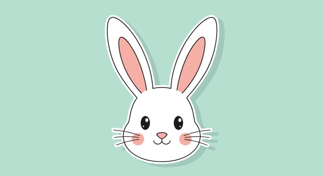 Adorable white rabbit head with long pink ears and rosy cheeks is presented as charming sticker or icon on soft mint green background.