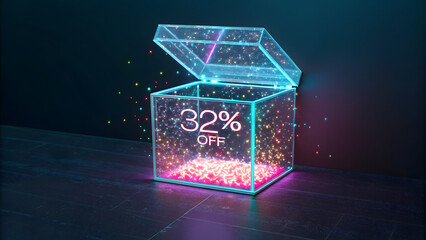 Obraz premium 3D crystal gift box with 32 percent discount hologram glowing neon particles on dark futuristic background