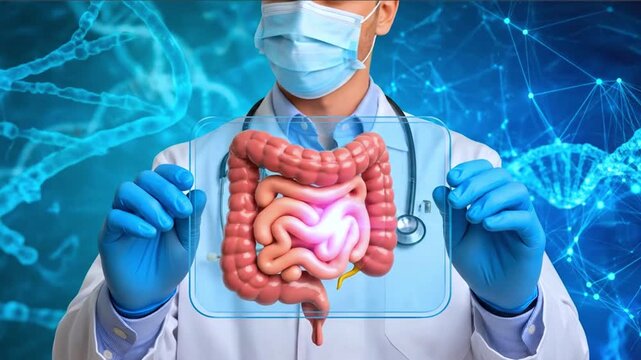 Medical Doctor Examining Human Intestines with Advanced Digital Healthcare Technology