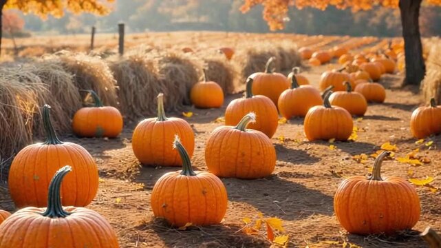 Pumpkin field pumpkin harvest autumn sunset warm light golden pumpkin patch with fallen leaves