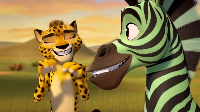 Animated cheetah and zebra characters laughing and interacting in an african savannah landscape background cartoon style video for children