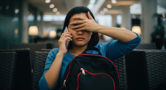 Exhausted tired young woman sitting in airport lounge with luggage waiting for delayed flight departure at night
