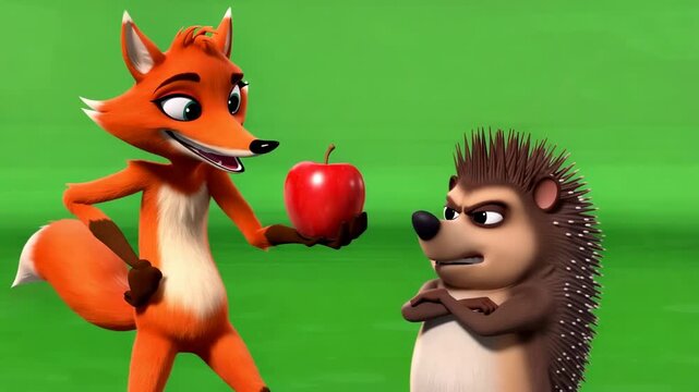 Animated fox offering apple to skeptical hedgehog friend in cartoon style with bright green background