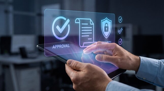Digital approval process office environment interactive technology modern workspace closeup hands holding tablet secure transactions