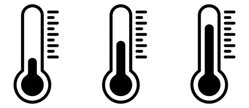 Temperature Monitoring Thermometer Set featuring three distinct vector icons displaying low, medium, and high heat levels, perfect for weather apps, medical health tracking, and climate control interf