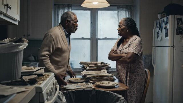 In a dimly lit kitchen filled with dirty dishes and trash, two elderly individuals engage in a tense dialogue, revealing unvoiced emotions and deep-rooted conflicts as shadows dance around them.