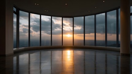 Fototapeta premium Panoramic view of a dramatic sunset through a curved floor to ceiling window in a modern high rise building