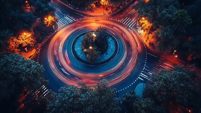 Aerial View of an Illuminated Circular Intersection with Traffic Flowing at Night