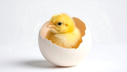 Yellow Chick Hatching from Eggshell Closeup.
